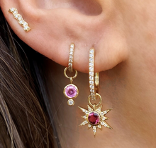 Load image into Gallery viewer, Gold earring with diamonds and pink stones on model from engagement ring designer Parker Bingham Jewelers in Florence, AL