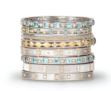 Load image into Gallery viewer, MIXED METAL SKY BLUE TOPAZ WHITE DIAMOND EMERALD CUT FLUTED BRACELET