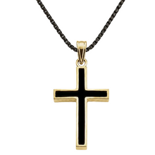 Load image into Gallery viewer, Gold cross pendant with black inlay on a black chain against a white background