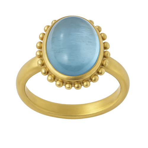 Aquamarine Oval Cab Beaded Gold Ring