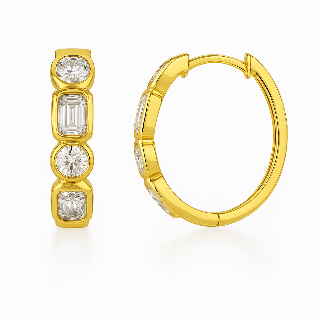 Alternating Round and Emerald Cut Hoops