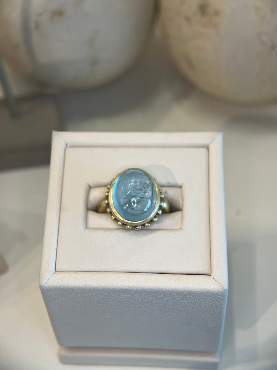 Aquamarine Oval Cab Beaded Gold Ring