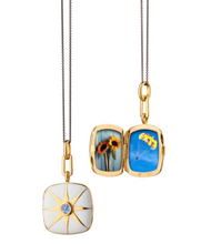 Load image into Gallery viewer, WHITE ENAMEL VERMEIL CUSHION LOCKET WITH BLUE SAPPHIRE