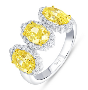 Uneek Natureal Collection 3-Stone-Halo Oval Shaped Fancy Yellow Diamond Anniversary Ring