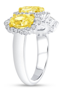 Uneek Natureal Collection 3-Stone-Halo Oval Shaped Fancy Yellow Diamond Anniversary Ring