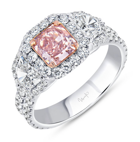 Uneek Natureal Collection 3-Stone-Halo Radiant Pink Diamond Engagement Ring