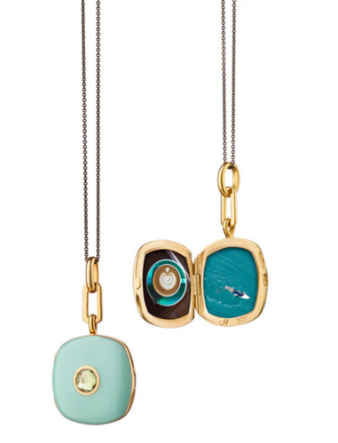 Green Enamel Vermeil Cushion Locket with Green Sapphire