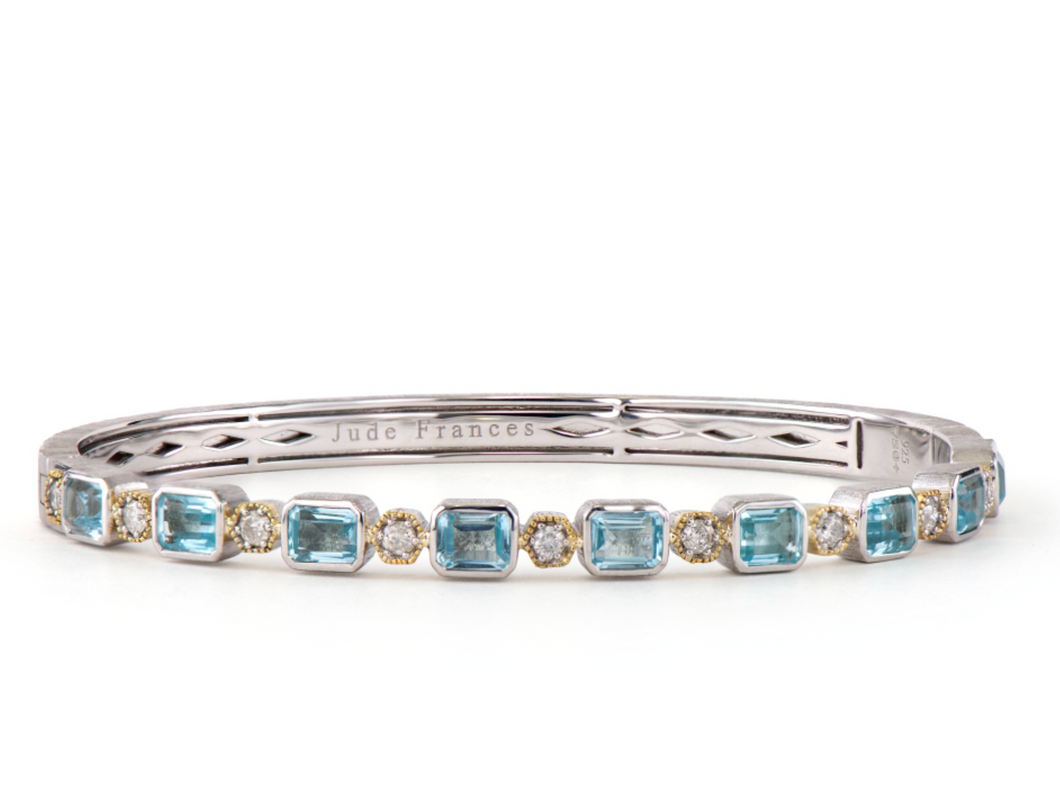 MIXED METAL SKY BLUE TOPAZ WHITE DIAMOND EMERALD CUT FLUTED BRACELET