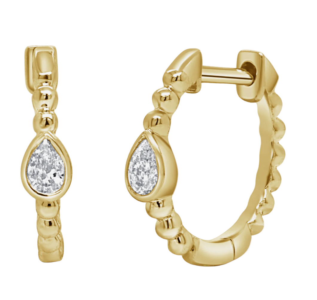 Beaded Pear Diamond Huggie Hoops