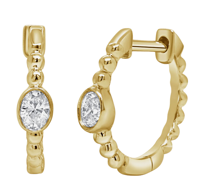 Beaded Oval Diamond Huggie Hoops