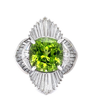 Load image into Gallery viewer, 7.35ct Cushion Peridot 3.50ct Diamond Platinum Ballerina Ring