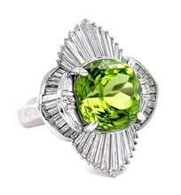 Load image into Gallery viewer, 7.35ct Cushion Peridot 3.50ct Diamond Platinum Ballerina Ring