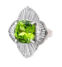 Load image into Gallery viewer, 7.35ct Cushion Peridot 3.50ct Diamond Platinum Ballerina Ring