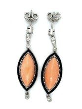 Load image into Gallery viewer, 13ct Coral + Onyx PT Handmade Drop Earrings