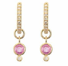 Load image into Gallery viewer, Gold hoop earring with diamonds and pink stone from engagement ring designer Parker Bingham Jewelers