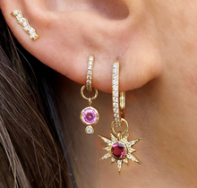 Load image into Gallery viewer, Gold earring with diamonds and pink stones on model from engagement ring designer Parker Bingham Jewelers in Florence, AL 